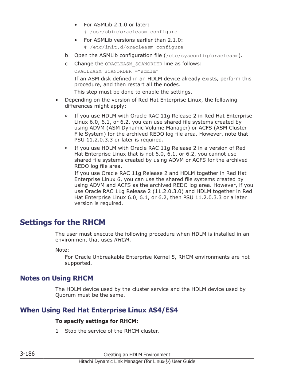 Settings for the rhcm, Notes on using rhcm, When using red hat enterprise linux as4/es4 | Settings for the rhcm -186, Notes on using rhcm -186, When using red hat enterprise linux as4/es4 -186, Settings for the, 15, or | HP Hitachi Dynamic Link Manager Software Licenses User Manual | Page 258 / 716