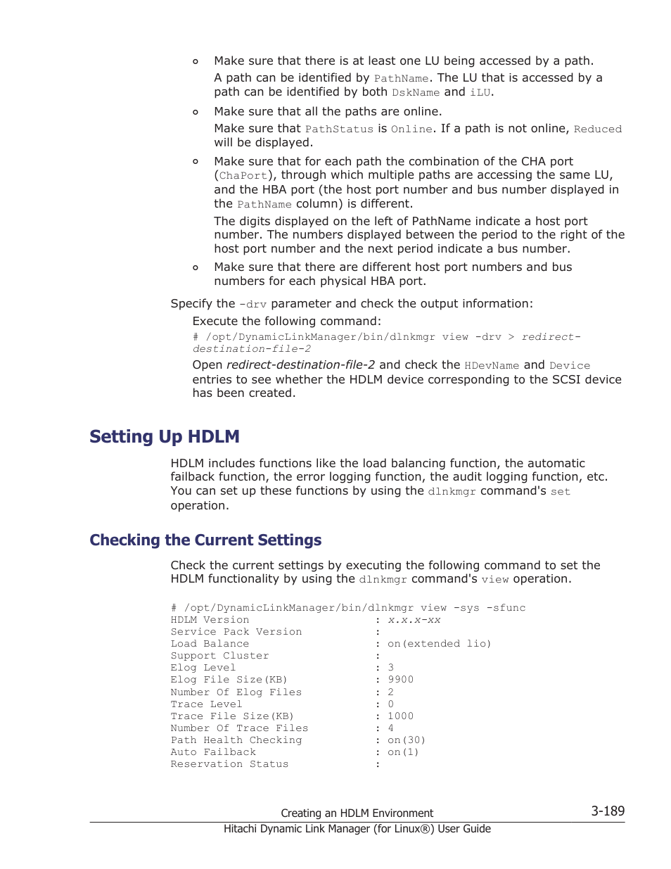 Setting up hdlm, Checking the current settings, Setting up hdlm -189 | Checking the current settings -189 | HP Hitachi Dynamic Link Manager Software Licenses User Manual | Page 261 / 716