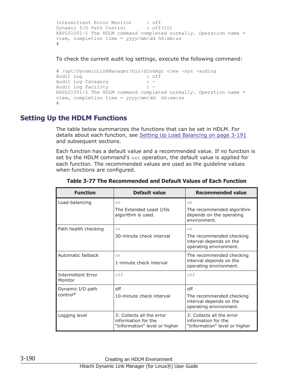 Setting up the hdlm functions, Setting up the hdlm functions -190, Setting up the hdlm | Table 3-77 the | HP Hitachi Dynamic Link Manager Software Licenses User Manual | Page 262 / 716