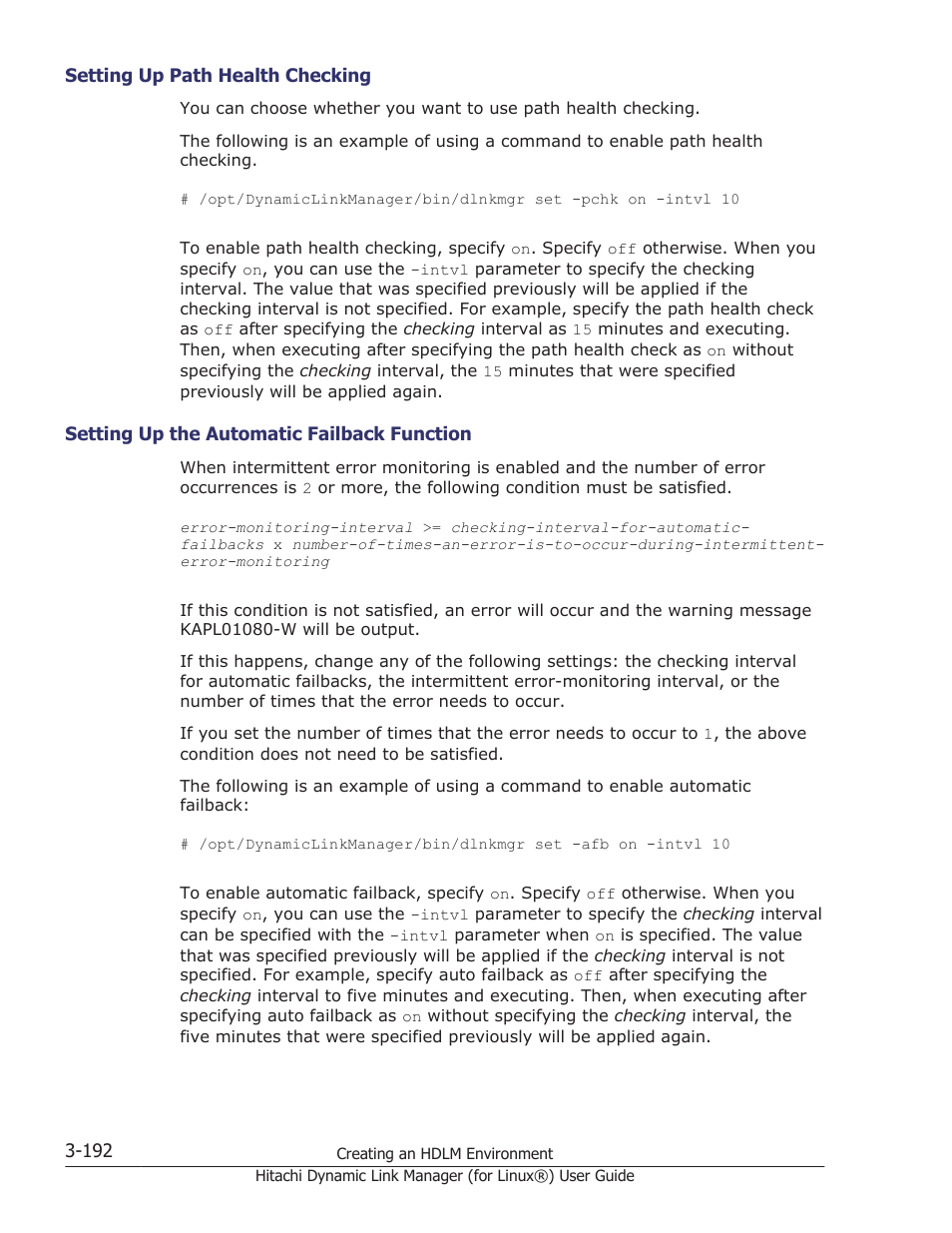 Setting up path health checking -192, Setting up the automatic failback function -192 | HP Hitachi Dynamic Link Manager Software Licenses User Manual | Page 264 / 716