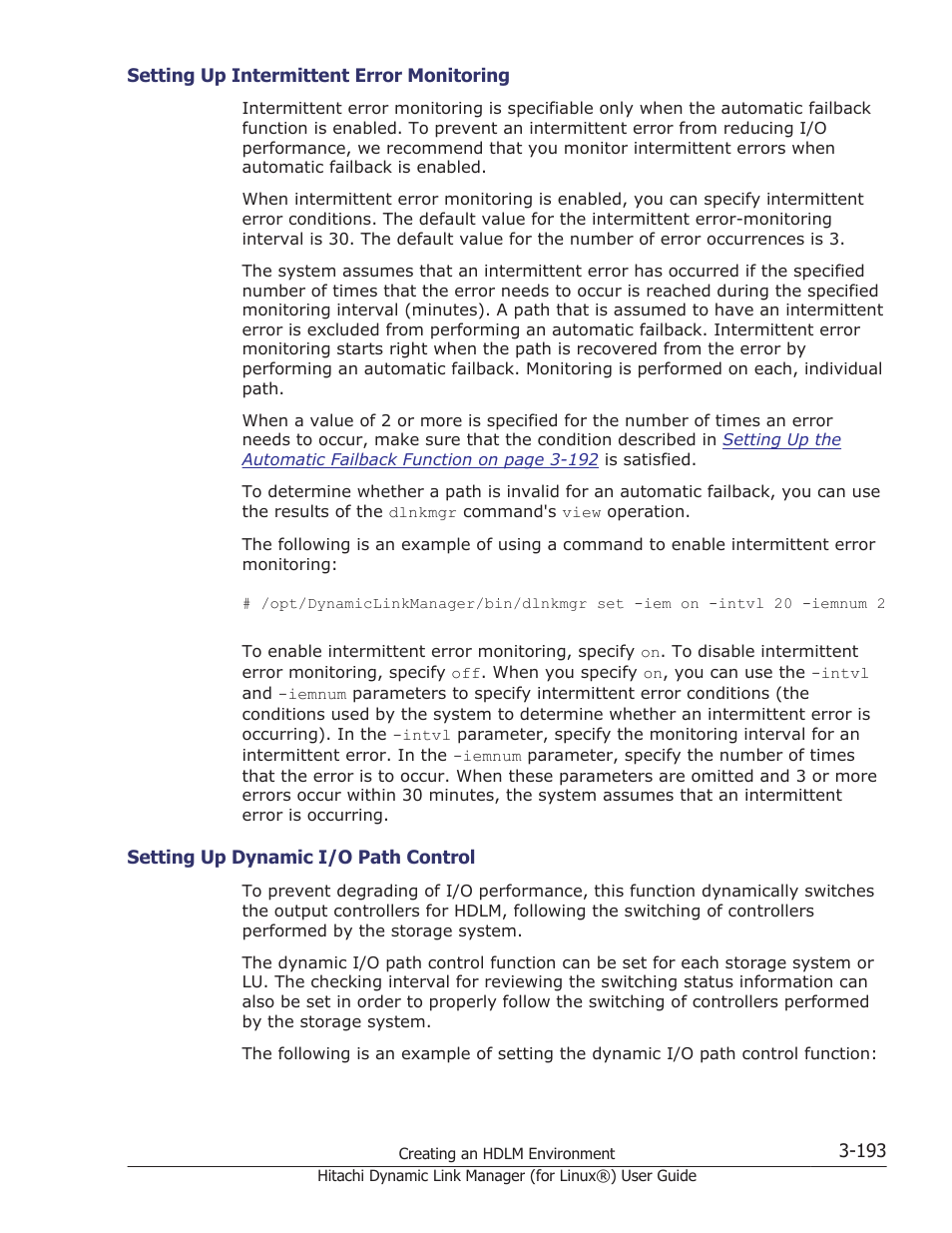Setting up intermittent error monitoring -193, Setting up dynamic i/o path control -193 | HP Hitachi Dynamic Link Manager Software Licenses User Manual | Page 265 / 716