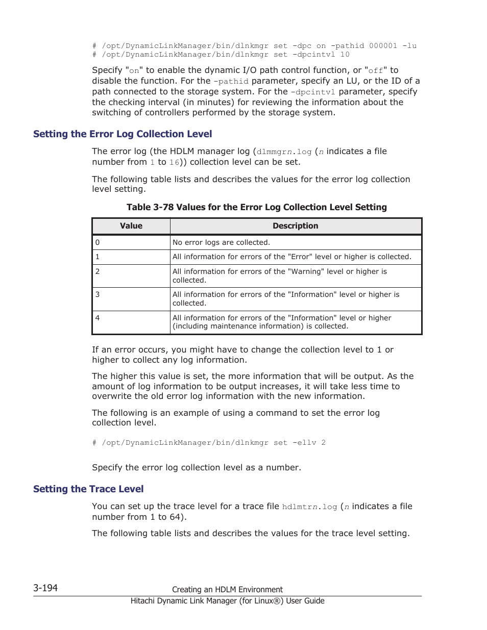 Setting the error log collection level -194, Setting the trace level -194 | HP Hitachi Dynamic Link Manager Software Licenses User Manual | Page 266 / 716