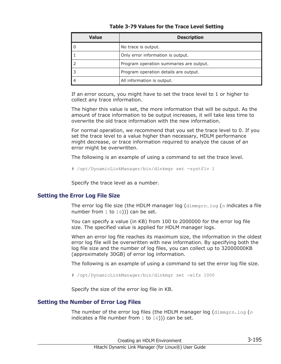 Setting the error log file size -195, Setting the number of error log files -195 | HP Hitachi Dynamic Link Manager Software Licenses User Manual | Page 267 / 716