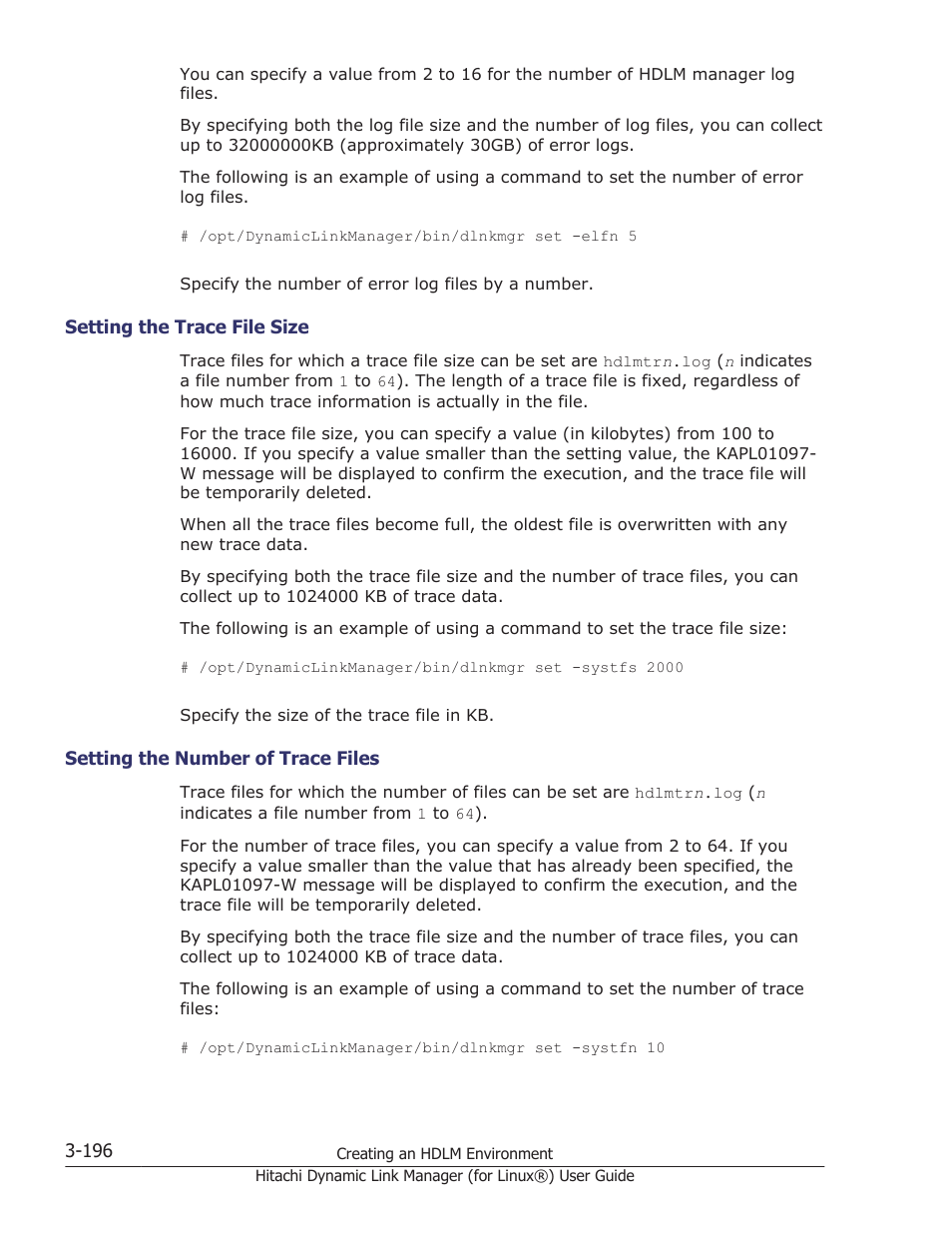 Setting the trace file size -196, Setting the number of trace files -196 | HP Hitachi Dynamic Link Manager Software Licenses User Manual | Page 268 / 716