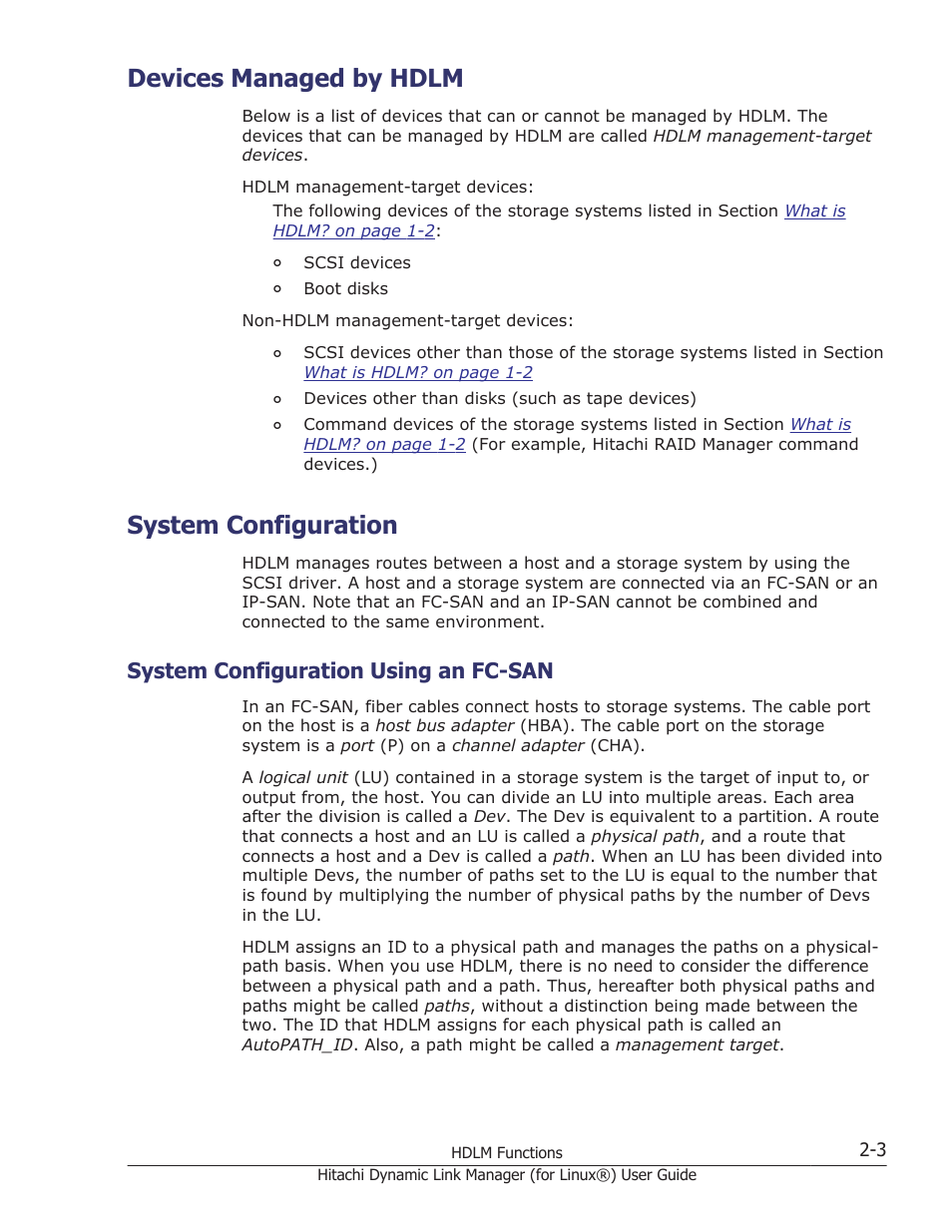 Devices managed by hdlm, System configuration, System configuration using an fc-san | Devices managed by hdlm -3, System configuration -3, System configuration using an fc-san -3 | HP Hitachi Dynamic Link Manager Software Licenses User Manual | Page 27 / 716