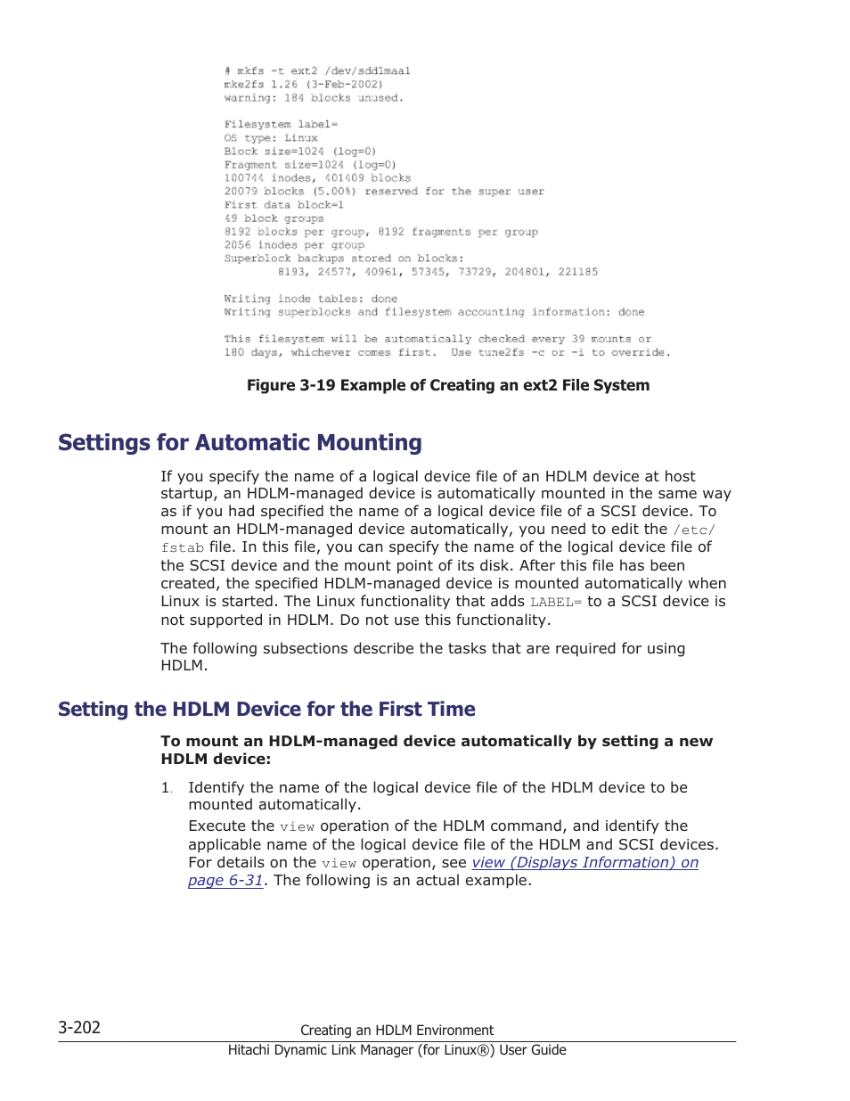 Settings for automatic mounting, Setting the hdlm device for the first time, Settings for automatic mounting -202 | Setting the hdlm device for the first time -202 | HP Hitachi Dynamic Link Manager Software Licenses User Manual | Page 274 / 716