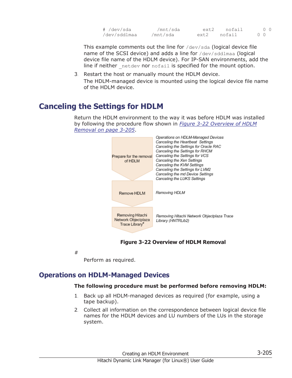 Canceling the settings for hdlm, Operations on hdlm-managed devices, Canceling the settings for hdlm -205 | Operations on hdlm-managed devices -205 | HP Hitachi Dynamic Link Manager Software Licenses User Manual | Page 277 / 716