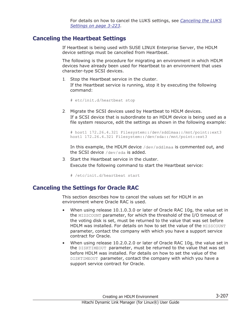 Canceling the heartbeat settings, Canceling the settings for oracle rac, Canceling the heartbeat settings -207 | Canceling the settings for oracle rac -207, Canceling the, For details on how to cancel the oracle, Rac settings, see | HP Hitachi Dynamic Link Manager Software Licenses User Manual | Page 279 / 716