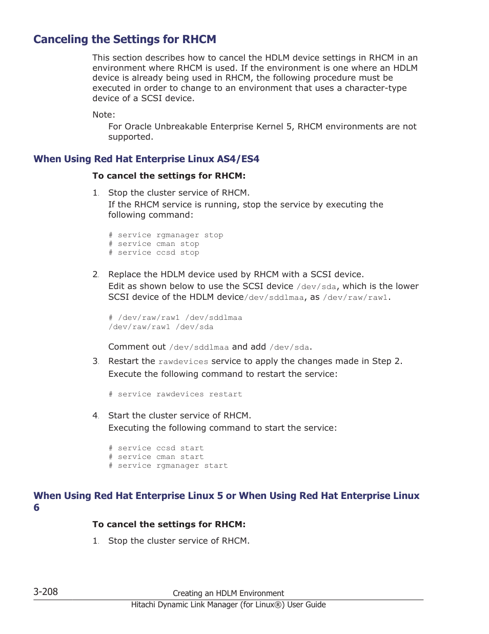 Canceling the settings for rhcm, Canceling the settings for rhcm -208, When using red hat enterprise linux as4/es4 -208 | Linux 6 -208, Canceling the | HP Hitachi Dynamic Link Manager Software Licenses User Manual | Page 280 / 716