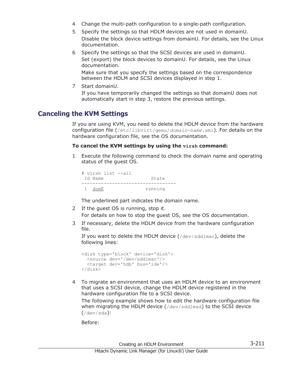 Canceling the kvm settings, Canceling the kvm settings -211, For details on how to cancel the kvm settings, see | Canceling the kvm | HP Hitachi Dynamic Link Manager Software Licenses User Manual | Page 283 / 716
