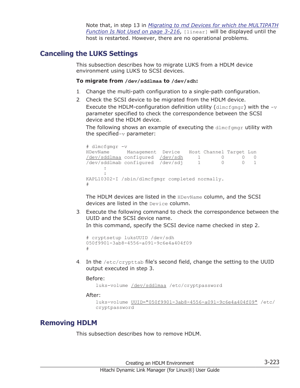 Canceling the luks settings, Removing hdlm, Canceling the luks settings -223 | Removing hdlm -223 | HP Hitachi Dynamic Link Manager Software Licenses User Manual | Page 295 / 716