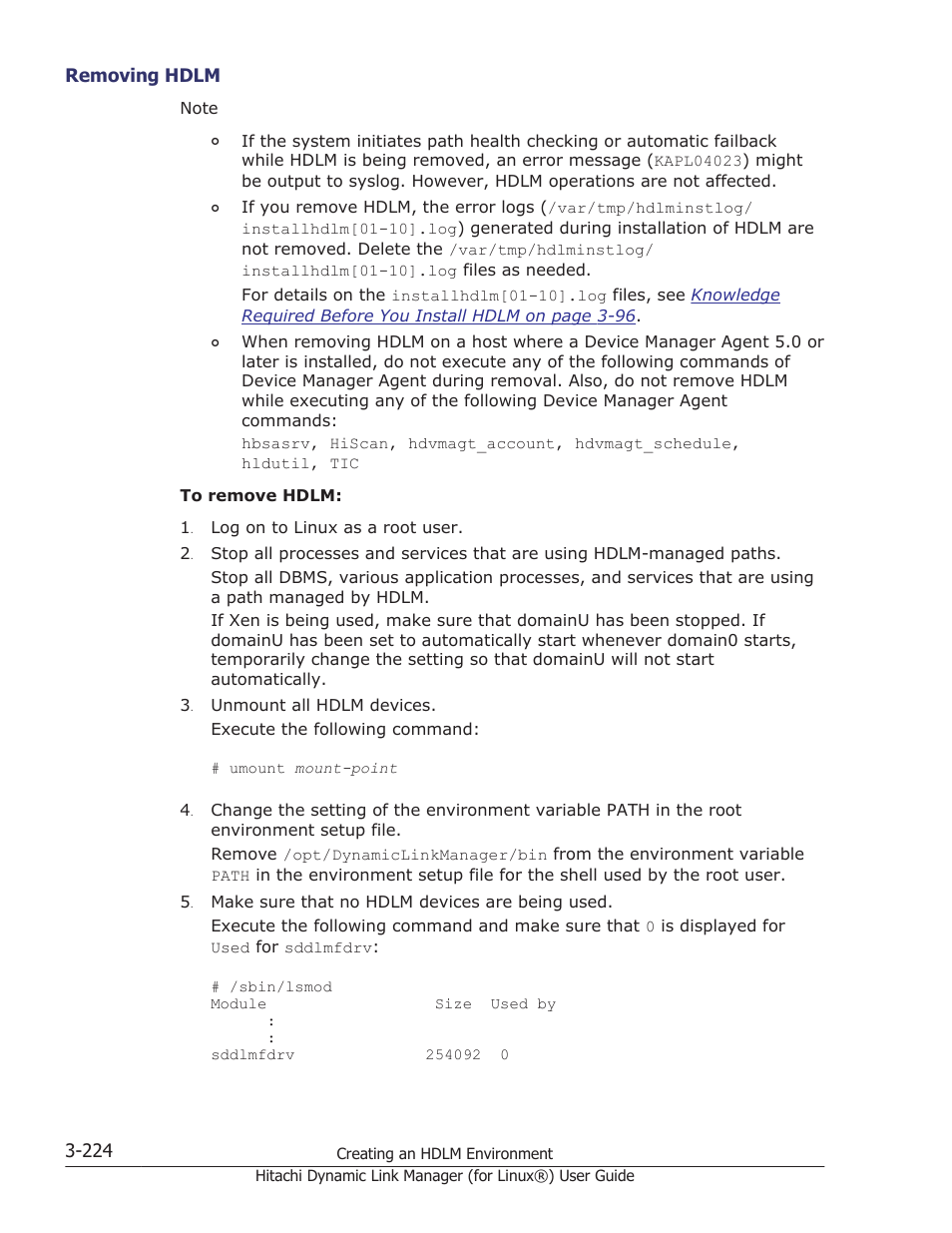Removing hdlm -224 | HP Hitachi Dynamic Link Manager Software Licenses User Manual | Page 296 / 716