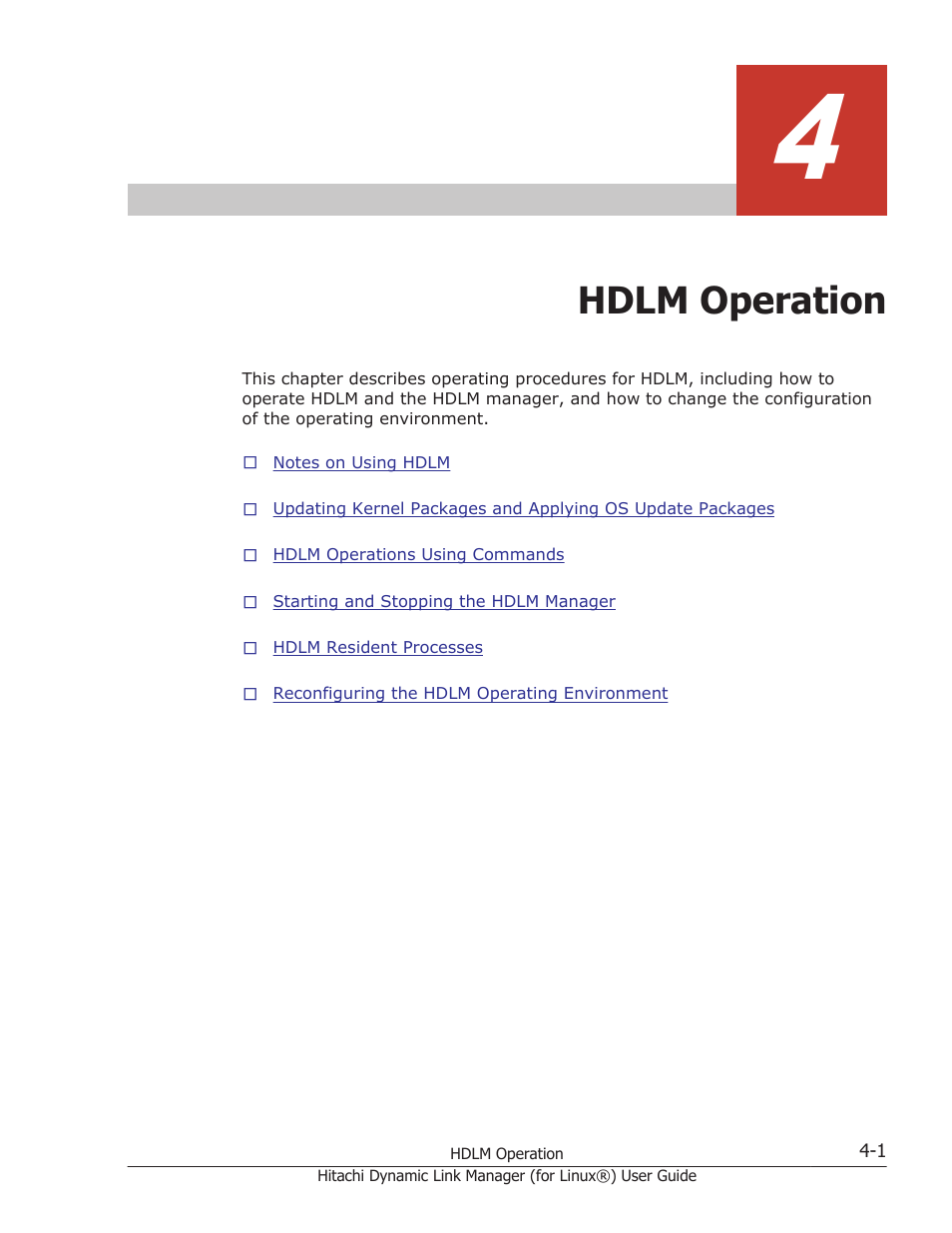 Hdlm operation, 4 hdlm operation -1, Chapter 4, hdlm operation on | HP Hitachi Dynamic Link Manager Software Licenses User Manual | Page 305 / 716