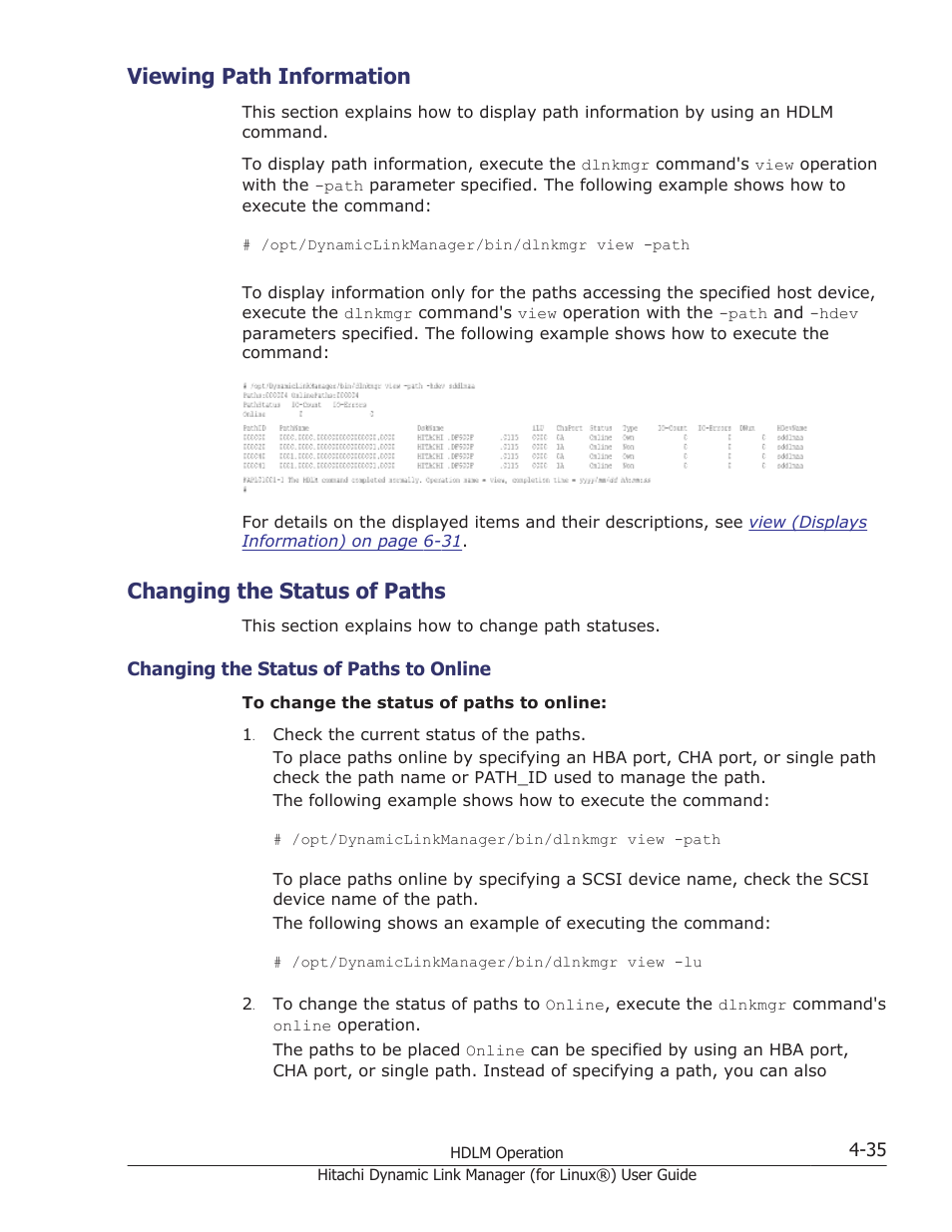 Viewing path information, Changing the status of paths, Viewing path information -35 | Changing the status of paths -35, Changing the status of paths to online -35 | HP Hitachi Dynamic Link Manager Software Licenses User Manual | Page 339 / 716