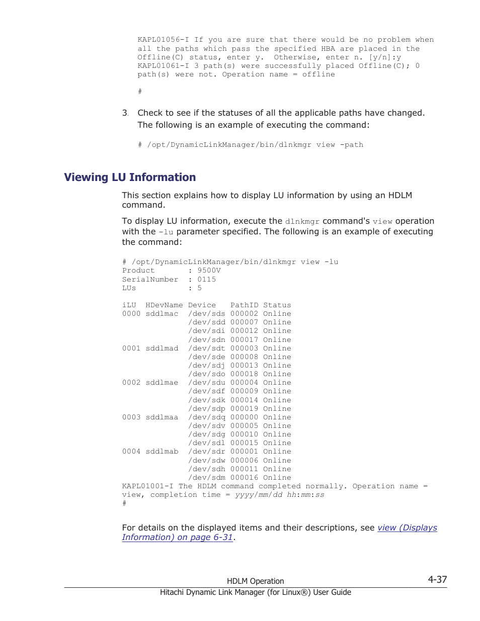 Viewing lu information, Viewing lu information -37 | HP Hitachi Dynamic Link Manager Software Licenses User Manual | Page 341 / 716