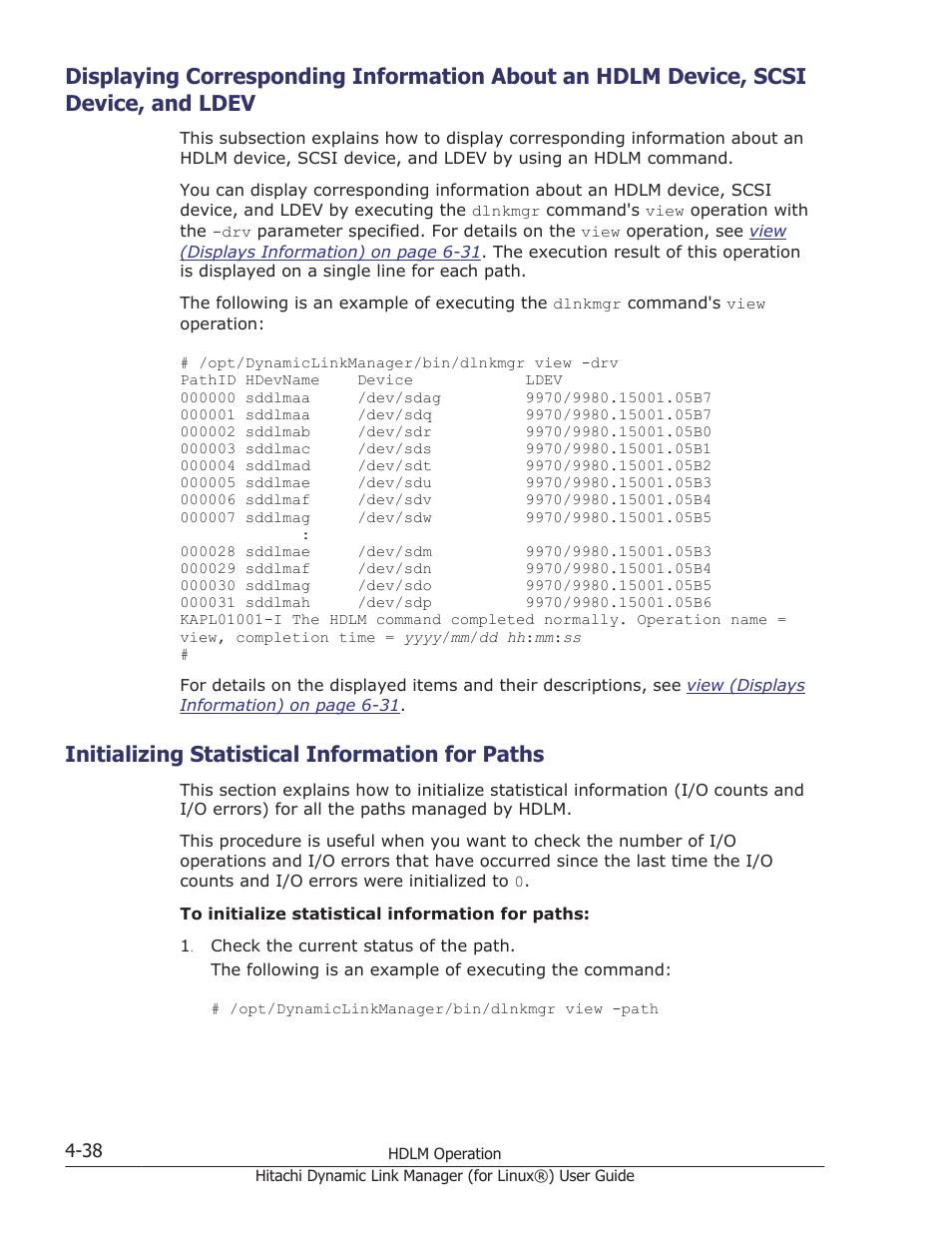Initializing statistical information for paths, Ldev -38, Initializing statistical information for paths -38 | HP Hitachi Dynamic Link Manager Software Licenses User Manual | Page 342 / 716