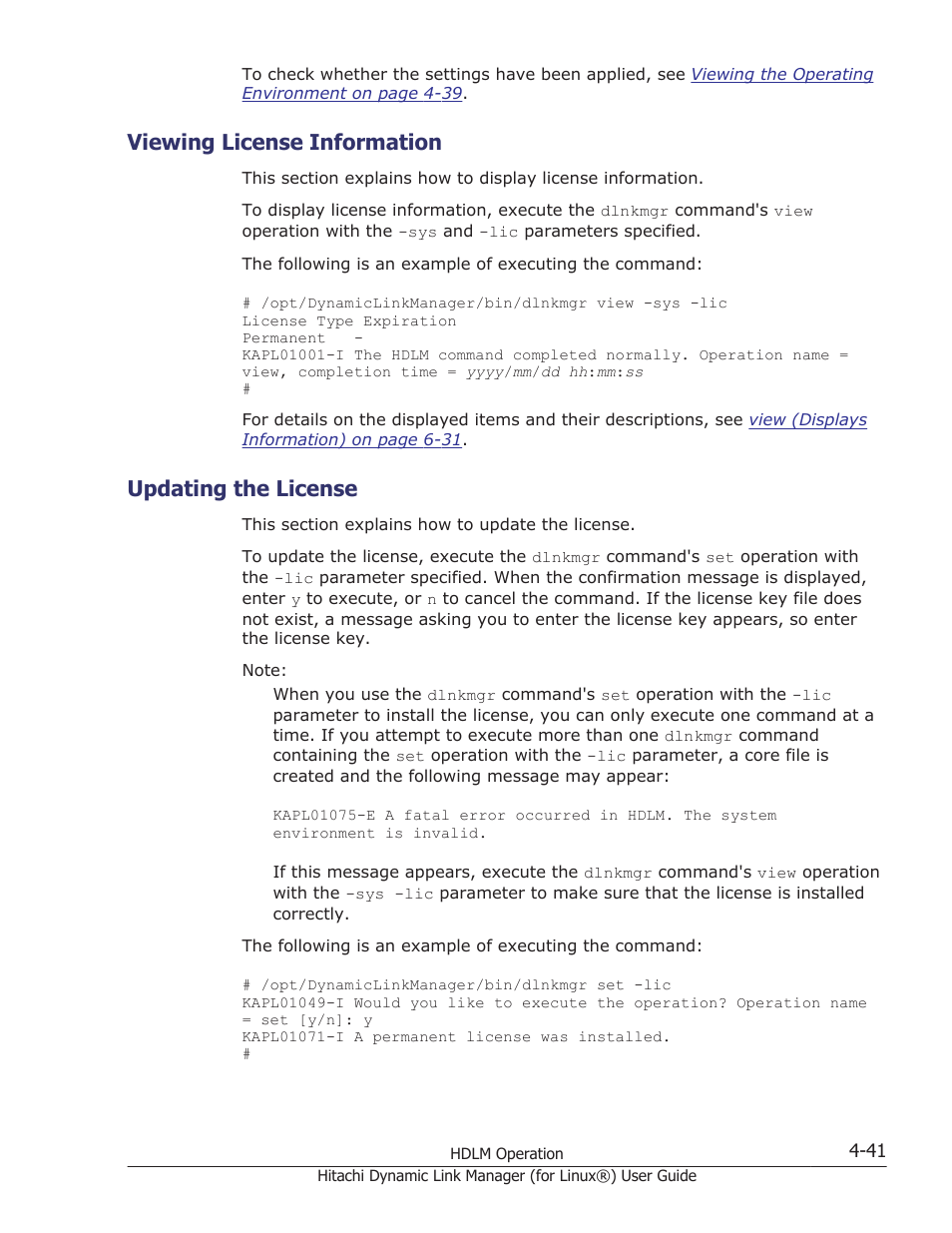 Viewing license information, Updating the license, Viewing license information -41 | Updating the license -41 | HP Hitachi Dynamic Link Manager Software Licenses User Manual | Page 345 / 716