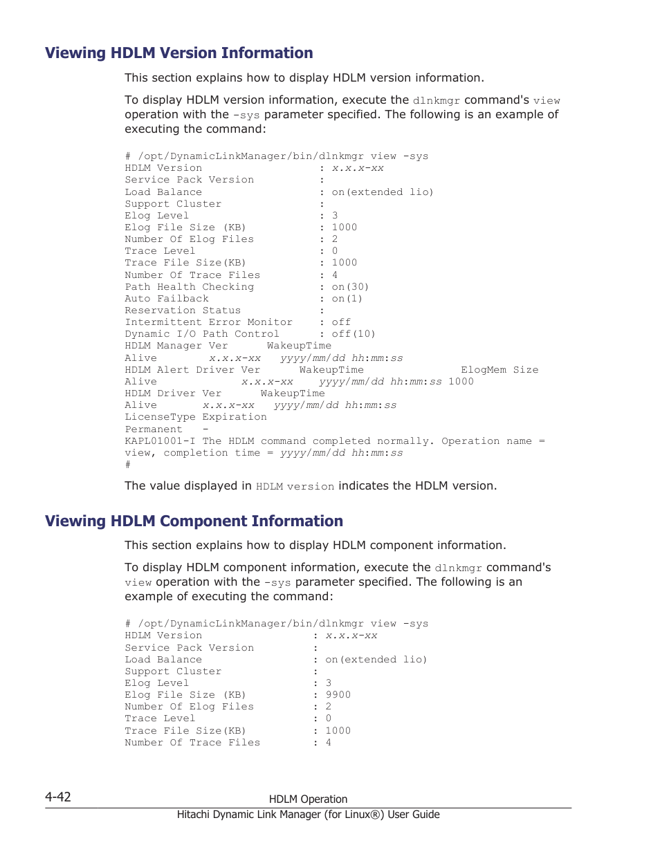 Viewing hdlm version information, Viewing hdlm component information, Viewing hdlm version information -42 | Viewing hdlm component information -42 | HP Hitachi Dynamic Link Manager Software Licenses User Manual | Page 346 / 716