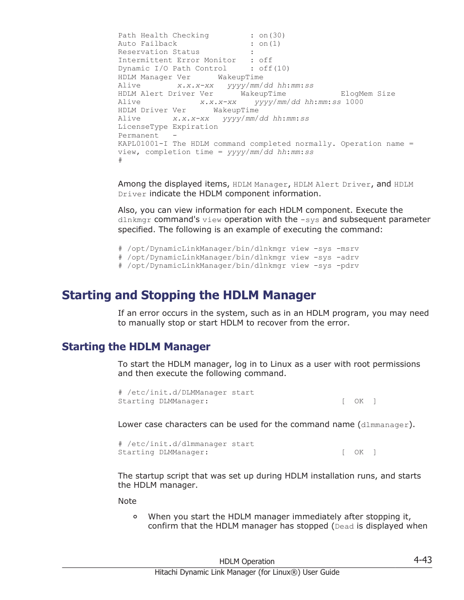 Starting and stopping the hdlm manager, Starting the hdlm manager, Starting and stopping the hdlm manager -43 | Starting the hdlm manager -43 | HP Hitachi Dynamic Link Manager Software Licenses User Manual | Page 347 / 716