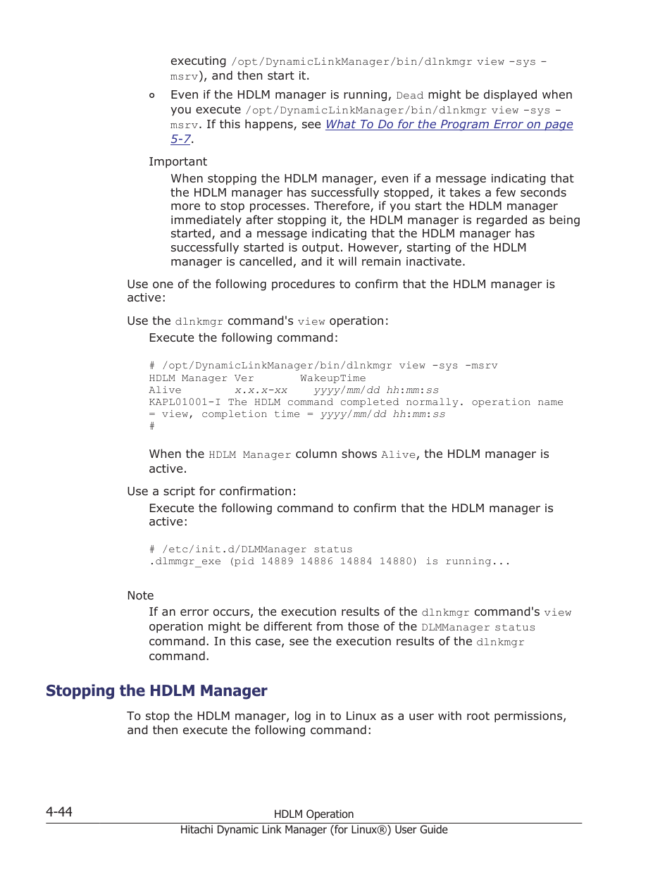 Stopping the hdlm manager, Stopping the hdlm manager -44 | HP Hitachi Dynamic Link Manager Software Licenses User Manual | Page 348 / 716