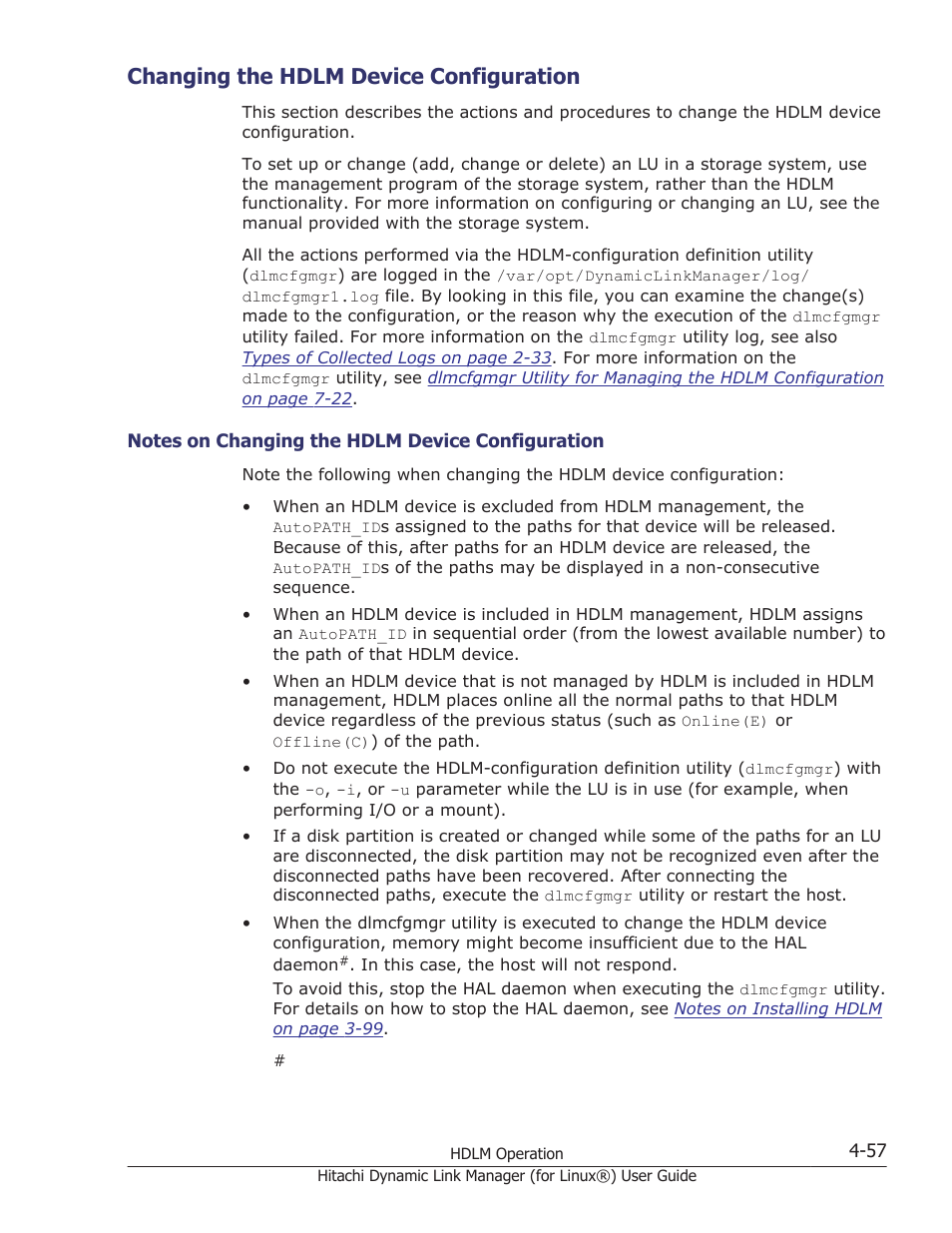 Changing the hdlm device configuration, Changing the hdlm device configuration -57, Changing the hdlm device | Changing the hdlm | HP Hitachi Dynamic Link Manager Software Licenses User Manual | Page 361 / 716