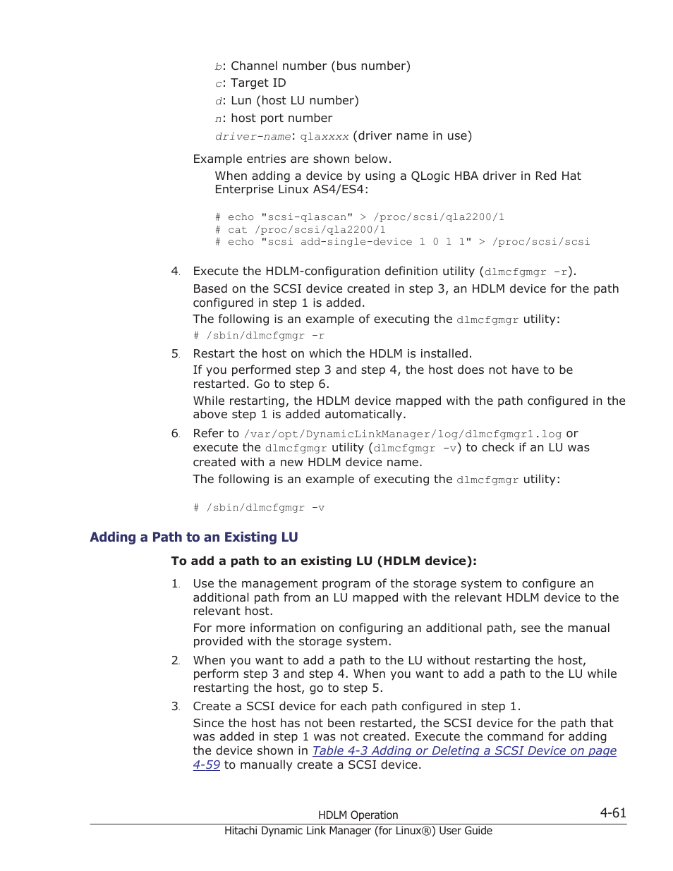 Adding a path to an existing lu -61, Adding | HP Hitachi Dynamic Link Manager Software Licenses User Manual | Page 365 / 716