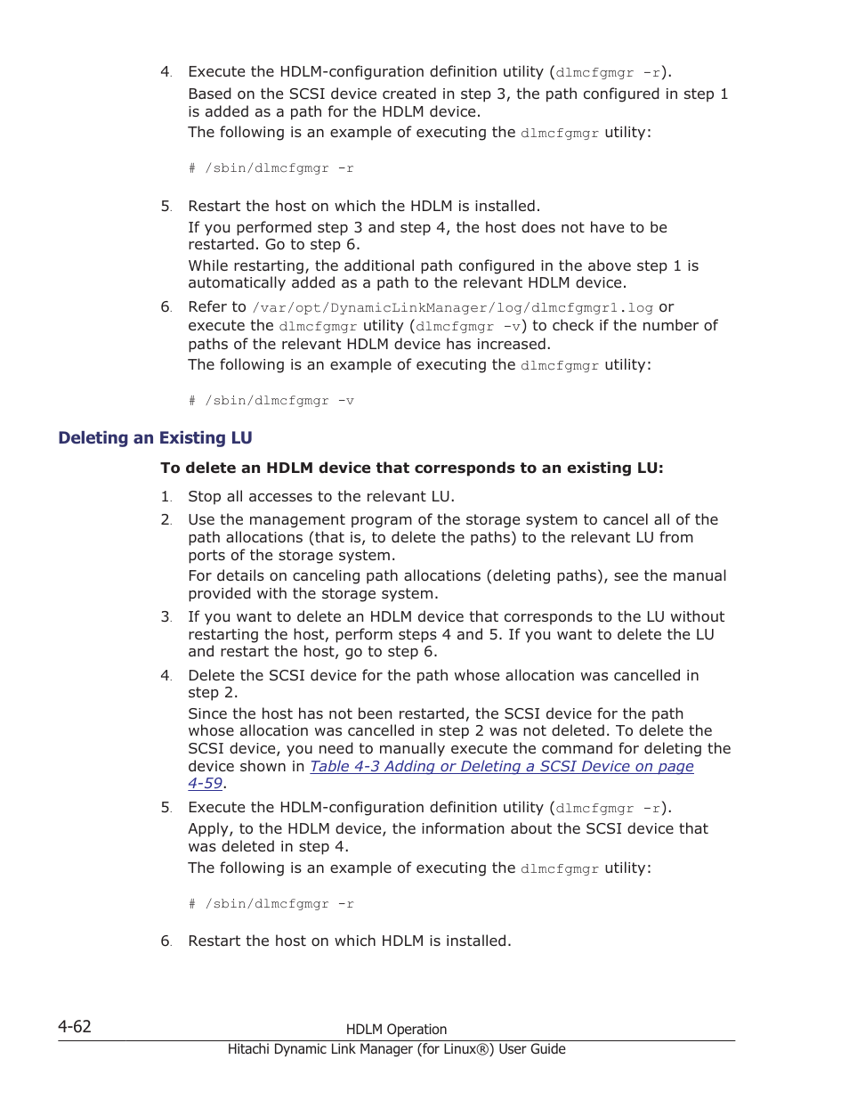 Deleting an existing lu -62 | HP Hitachi Dynamic Link Manager Software Licenses User Manual | Page 366 / 716