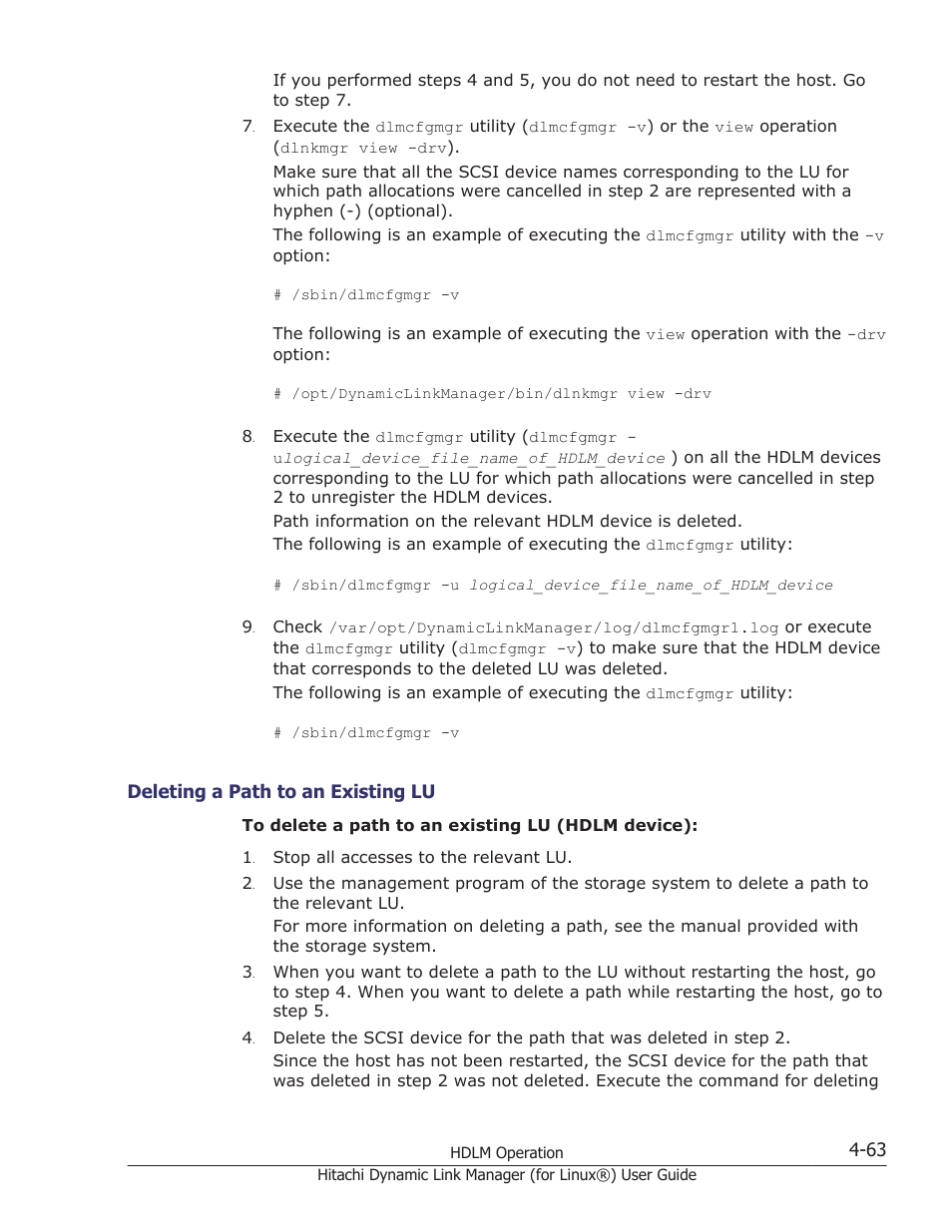 Deleting a path to an existing lu -63, Performing the procedure described in, Deleting a path to an existing lu | HP Hitachi Dynamic Link Manager Software Licenses User Manual | Page 367 / 716