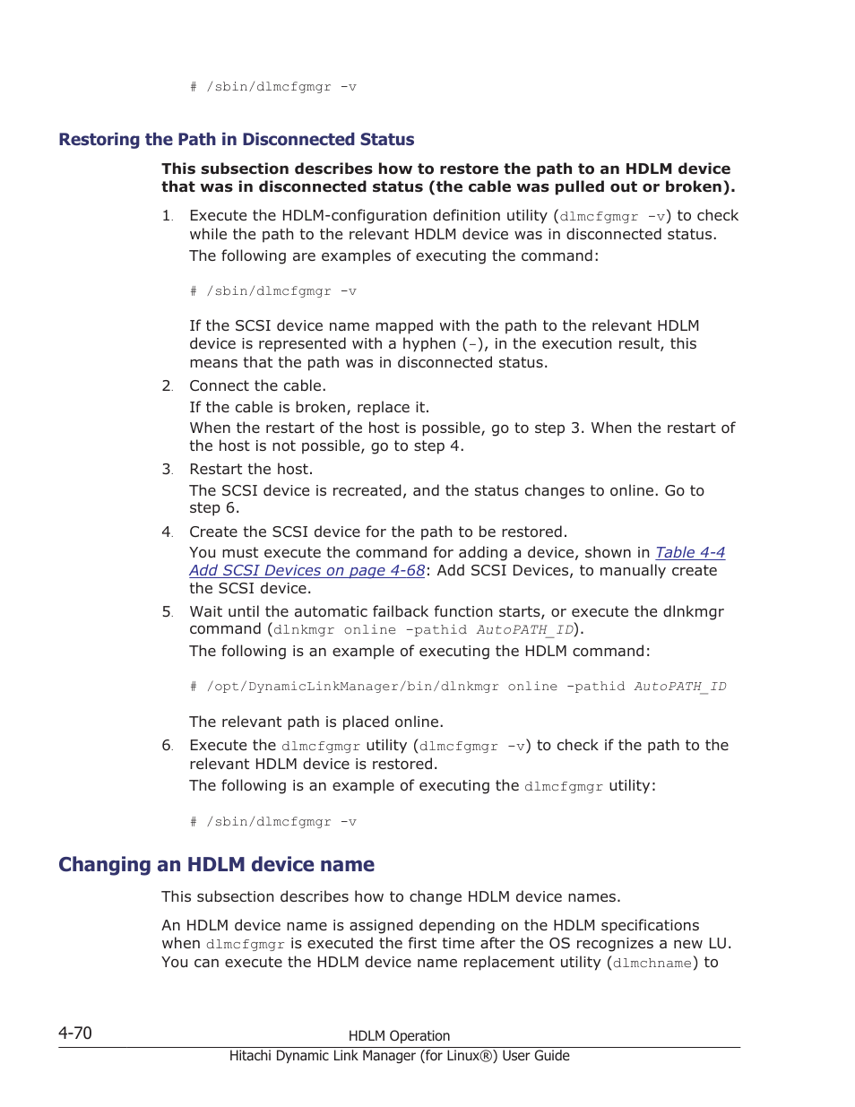Changing an hdlm device name, Restoring the path in disconnected status -70, Changing an hdlm device name -70 | HP Hitachi Dynamic Link Manager Software Licenses User Manual | Page 374 / 716