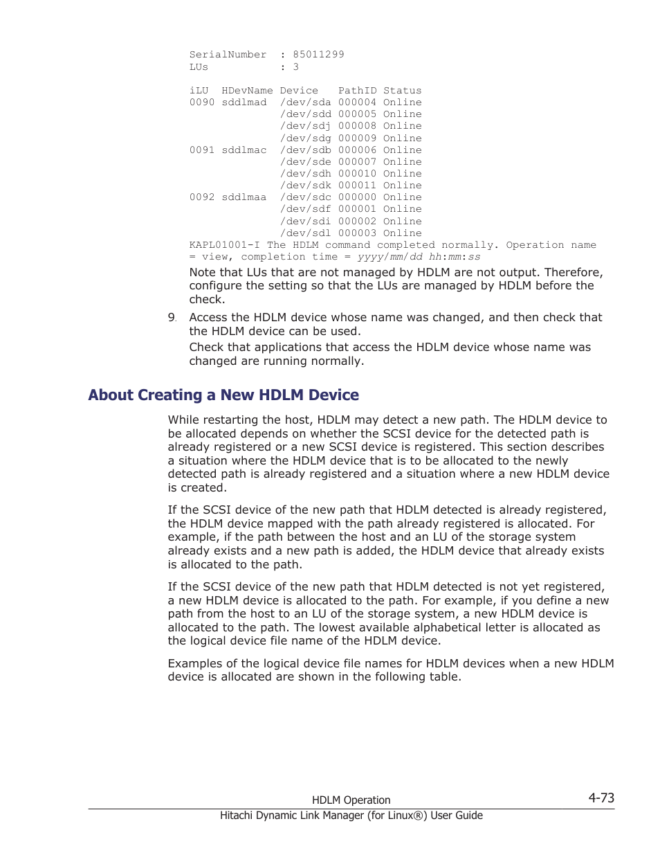 About creating a new hdlm device, About creating a new hdlm device -73 | HP Hitachi Dynamic Link Manager Software Licenses User Manual | Page 377 / 716