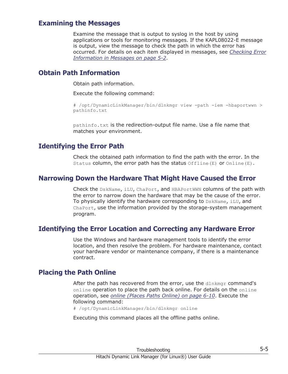 Examining the messages, Obtain path information, Identifying the error path | Placing the path online, Examining the messages -5, Obtain path information -5, Identifying the error path -5, Placing the path online -5 | HP Hitachi Dynamic Link Manager Software Licenses User Manual | Page 385 / 716