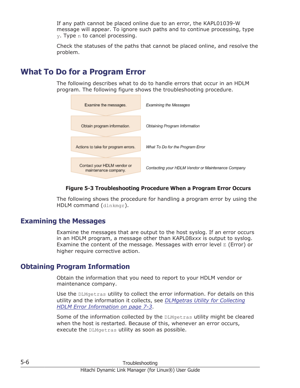 What to do for a program error, Examining the messages, Obtaining program information | What to do for a program error -6, Examining the messages -6, Obtaining program information -6, If the programs are not running properly, see, What to do for a program, And then take actions | HP Hitachi Dynamic Link Manager Software Licenses User Manual | Page 386 / 716