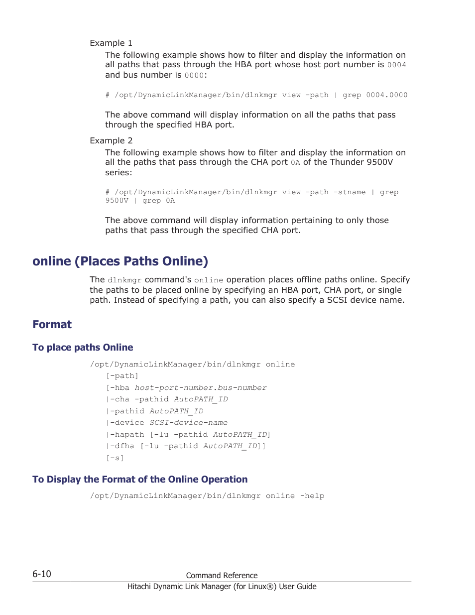 Online (places paths online), Format, Online (places paths online) -10 | Format -10, To place paths online -10, To display the format of the online operation -10, Online (places paths online) on, For details on the, After a, Operation, see | HP Hitachi Dynamic Link Manager Software Licenses User Manual | Page 398 / 716