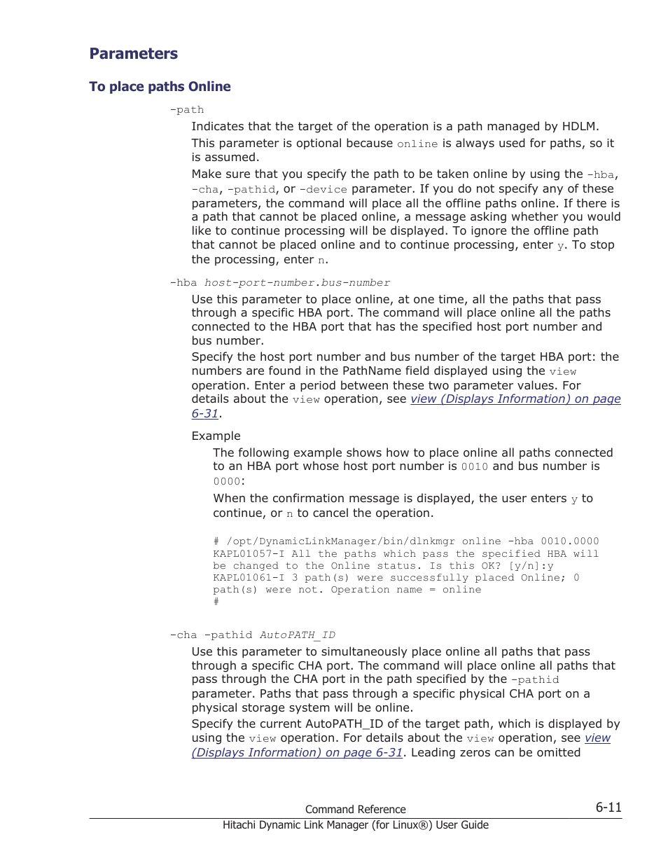 Parameters, Parameters -11, To place paths online -11 | HP Hitachi Dynamic Link Manager Software Licenses User Manual | Page 399 / 716