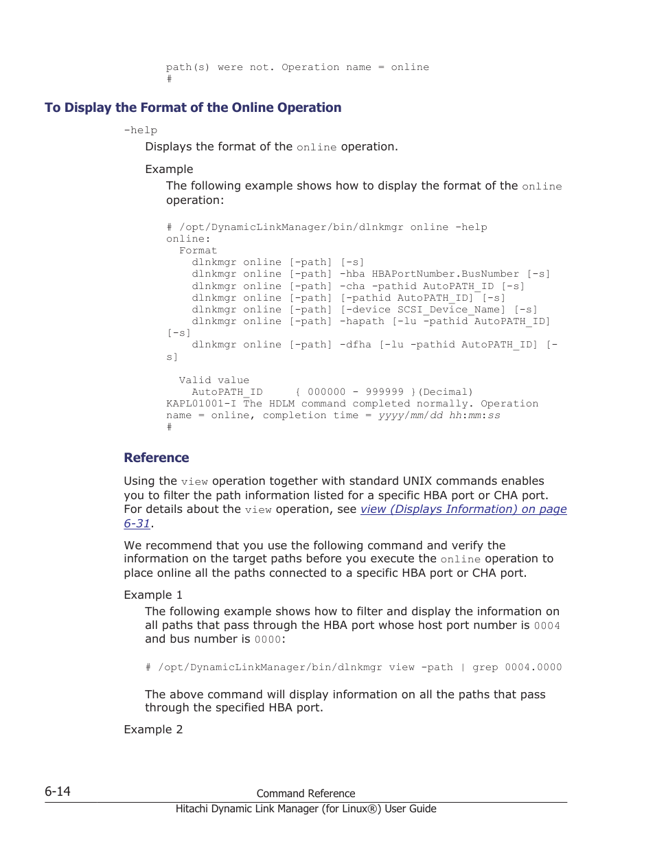 To display the format of the online operation -14 | HP Hitachi Dynamic Link Manager Software Licenses User Manual | Page 402 / 716