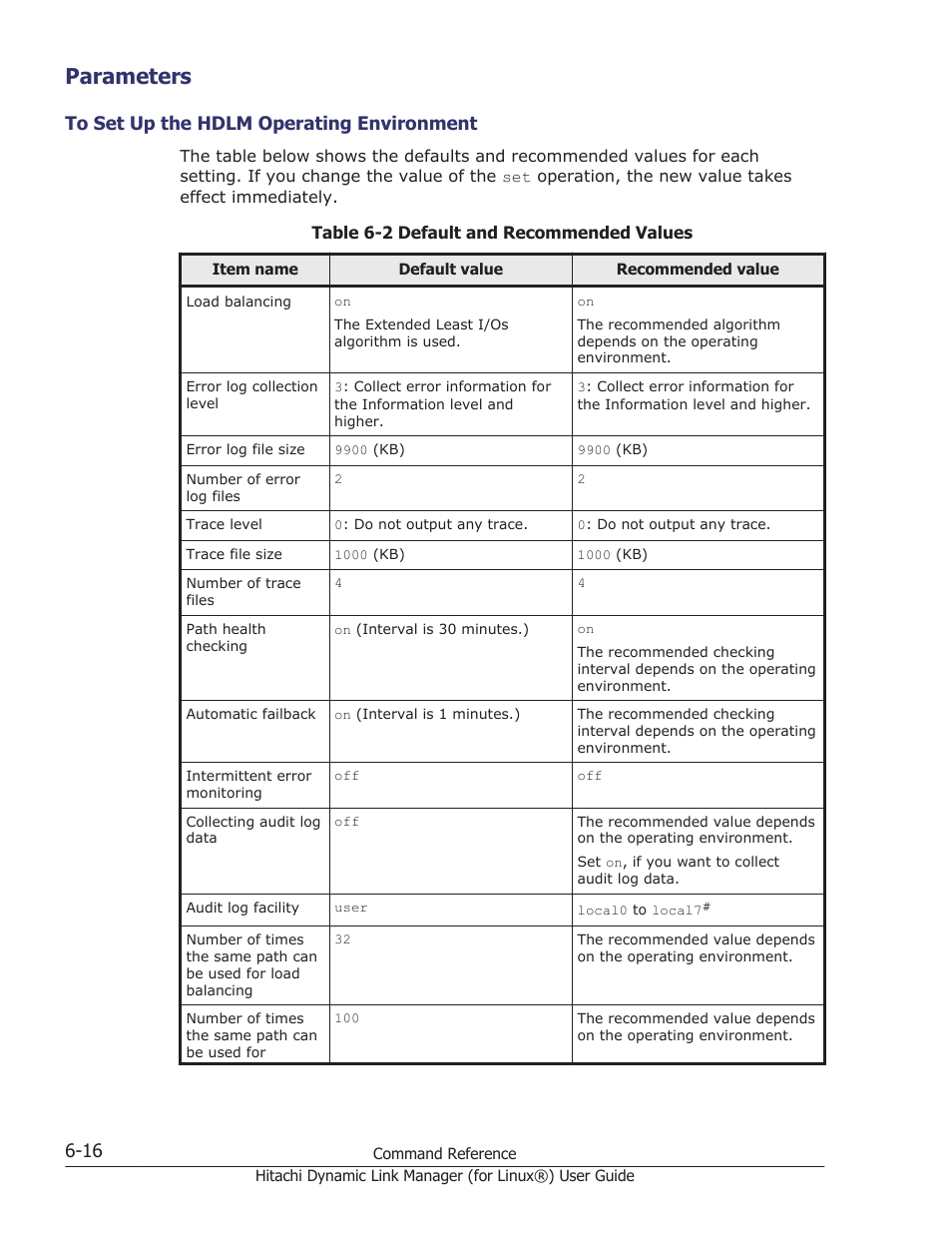 Parameters, Parameters -16, To set up the hdlm operating environment -16 | For details about the license key, see | HP Hitachi Dynamic Link Manager Software Licenses User Manual | Page 404 / 716