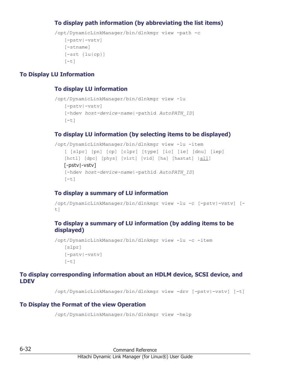 To display lu information -32, Ldev -32, To display the format of the view operation -32 | HP Hitachi Dynamic Link Manager Software Licenses User Manual | Page 420 / 716