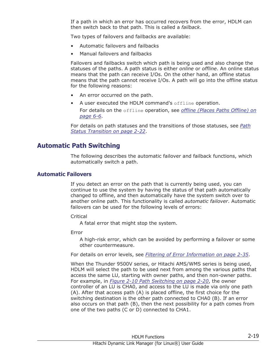Automatic path switching, Automatic path switching -19, Automatic failovers -19 | HP Hitachi Dynamic Link Manager Software Licenses User Manual | Page 43 / 716