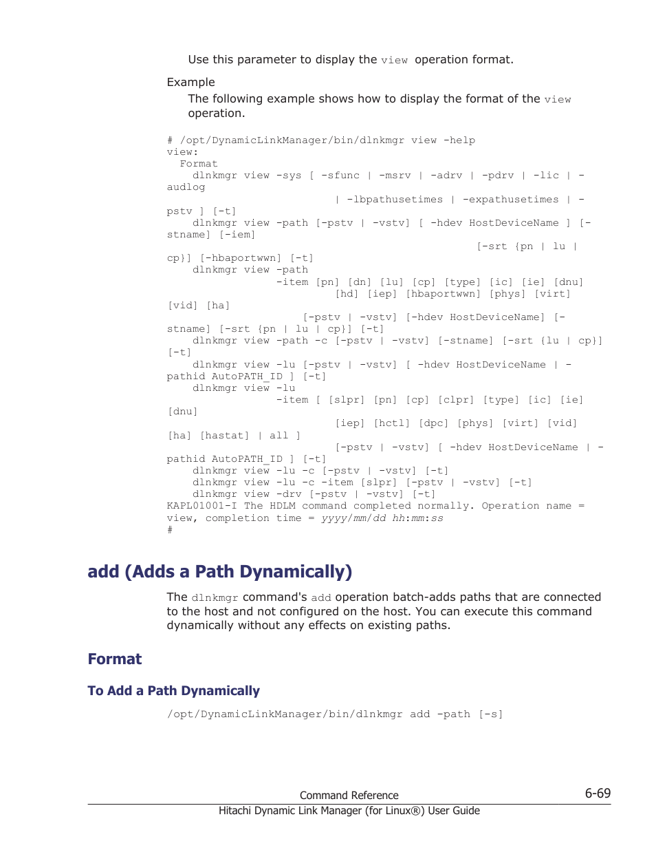 Add (adds a path dynamically), Format, Add (adds a path dynamically) -69 | Format -69, To add a path dynamically -69 | HP Hitachi Dynamic Link Manager Software Licenses User Manual | Page 457 / 716