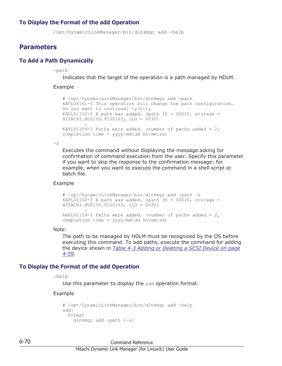 Parameters, To display the format of the add operation -70, Parameters -70 | To add a path dynamically -70 | HP Hitachi Dynamic Link Manager Software Licenses User Manual | Page 458 / 716