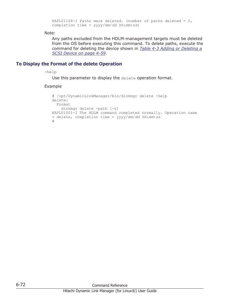 To display the format of the delete operation -72 | HP Hitachi Dynamic Link Manager Software Licenses User Manual | Page 460 / 716