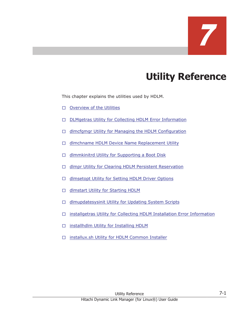 Utility reference, 7 utility reference -1, Chapter 7, utility reference on | HP Hitachi Dynamic Link Manager Software Licenses User Manual | Page 461 / 716