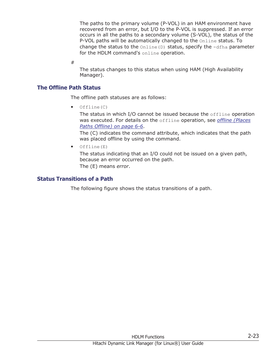 The offline path status -23, Status transitions of a path -23 | HP Hitachi Dynamic Link Manager Software Licenses User Manual | Page 47 / 716