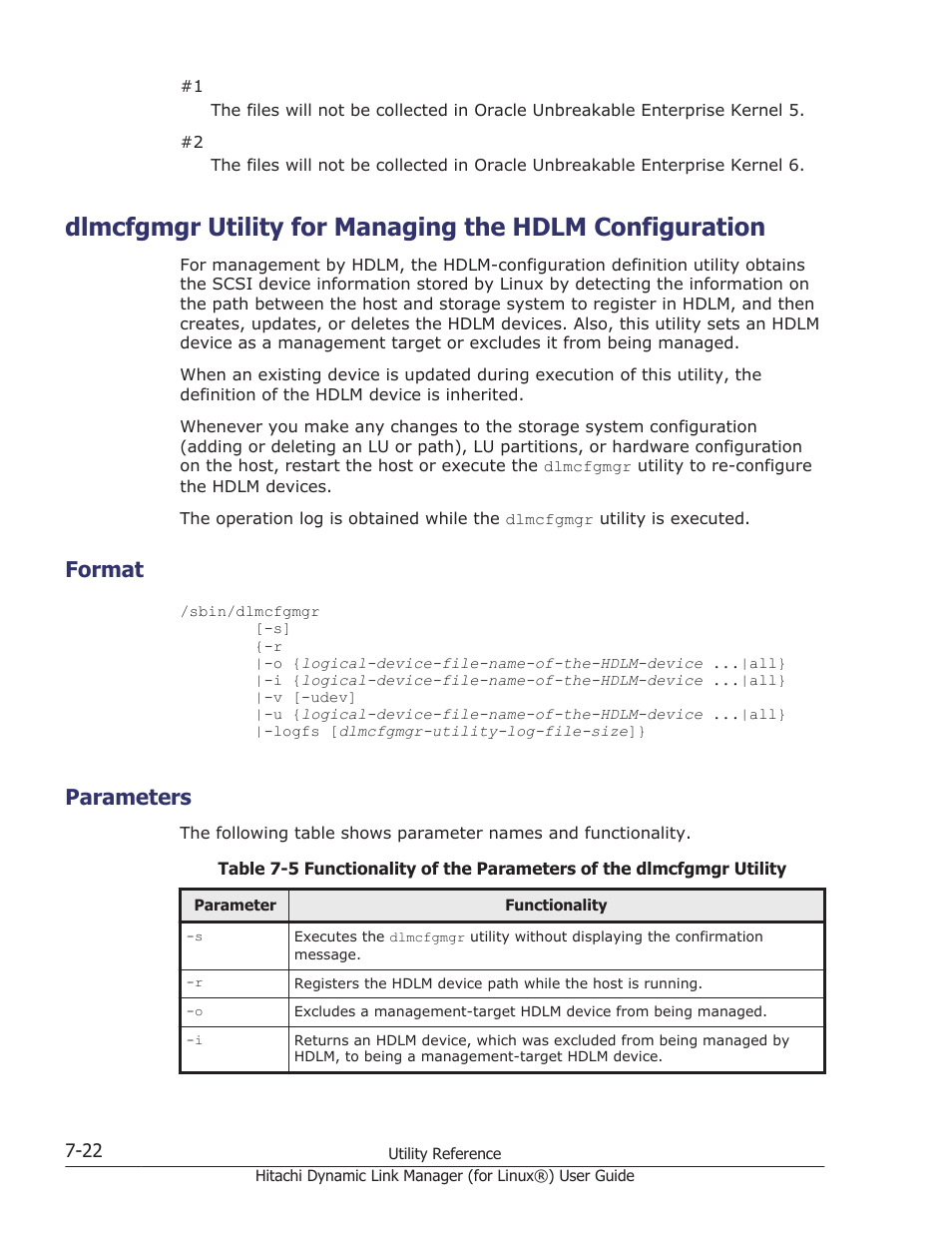Format, Parameters, Format -22 | Parameters -22, Utility, see, Dlmcfgmgr utility, For details on this utility, see, Dlmcfgmgr utility for managing the hdlm | HP Hitachi Dynamic Link Manager Software Licenses User Manual | Page 482 / 716
