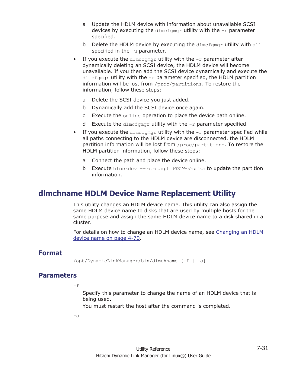 Dlmchname hdlm device name replacement utility, Format, Parameters | Dlmchname hdlm device name replacement utility -31, Format -31, Parameters -31, Dlmchname | HP Hitachi Dynamic Link Manager Software Licenses User Manual | Page 491 / 716