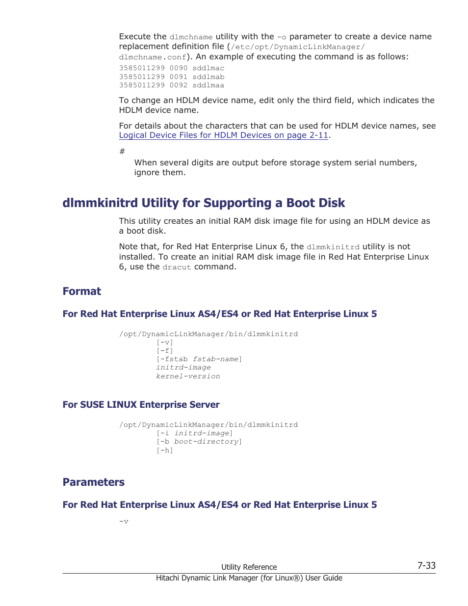 Dlmmkinitrd utility for supporting a boot disk, Format, Parameters | Dlmmkinitrd utility for supporting a boot disk -33, Format -33, For suse linux enterprise server -33, Parameters -33, Utility, see, Dlmmkinitrd utility for, Dlmmkinitrd | HP Hitachi Dynamic Link Manager Software Licenses User Manual | Page 493 / 716