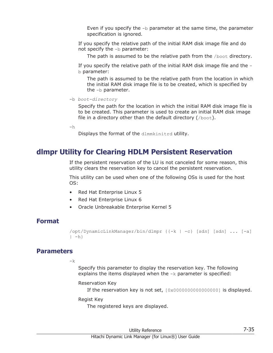 Format, Parameters, Format -35 | Parameters -35, Dlmpr utility for clearing hdlm | HP Hitachi Dynamic Link Manager Software Licenses User Manual | Page 495 / 716