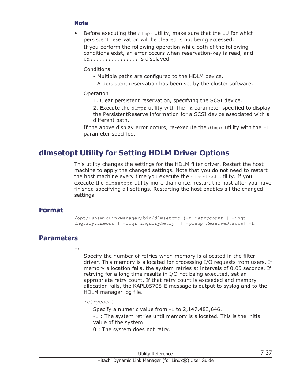 Dlmsetopt utility for setting hdlm driver options, Format, Parameters | Format -37, Parameters -37, Dlmsetopt utility for setting hdlm driver, For details on this utility, see, Utility, see | HP Hitachi Dynamic Link Manager Software Licenses User Manual | Page 497 / 716