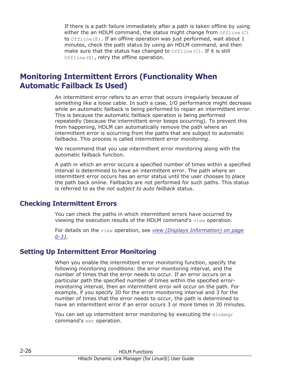 Checking intermittent errors, Setting up intermittent error monitoring, Checking intermittent errors -26 | Setting up intermittent error monitoring -26 | HP Hitachi Dynamic Link Manager Software Licenses User Manual | Page 50 / 716