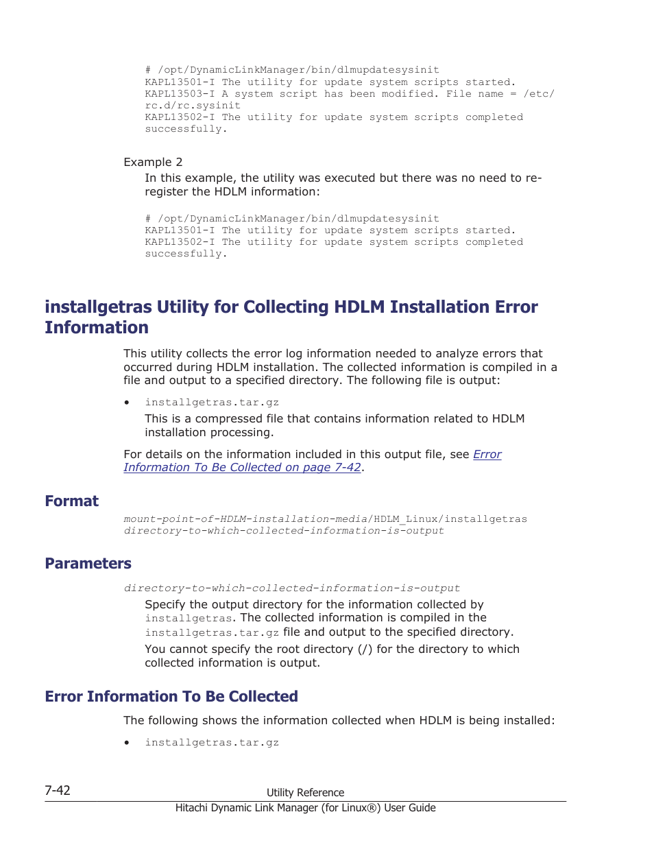Format, Parameters, Error information to be collected | Format -42, Parameters -42, Error information to be collected -42, Installgetras utility for collecting, Installgetras | HP Hitachi Dynamic Link Manager Software Licenses User Manual | Page 502 / 716